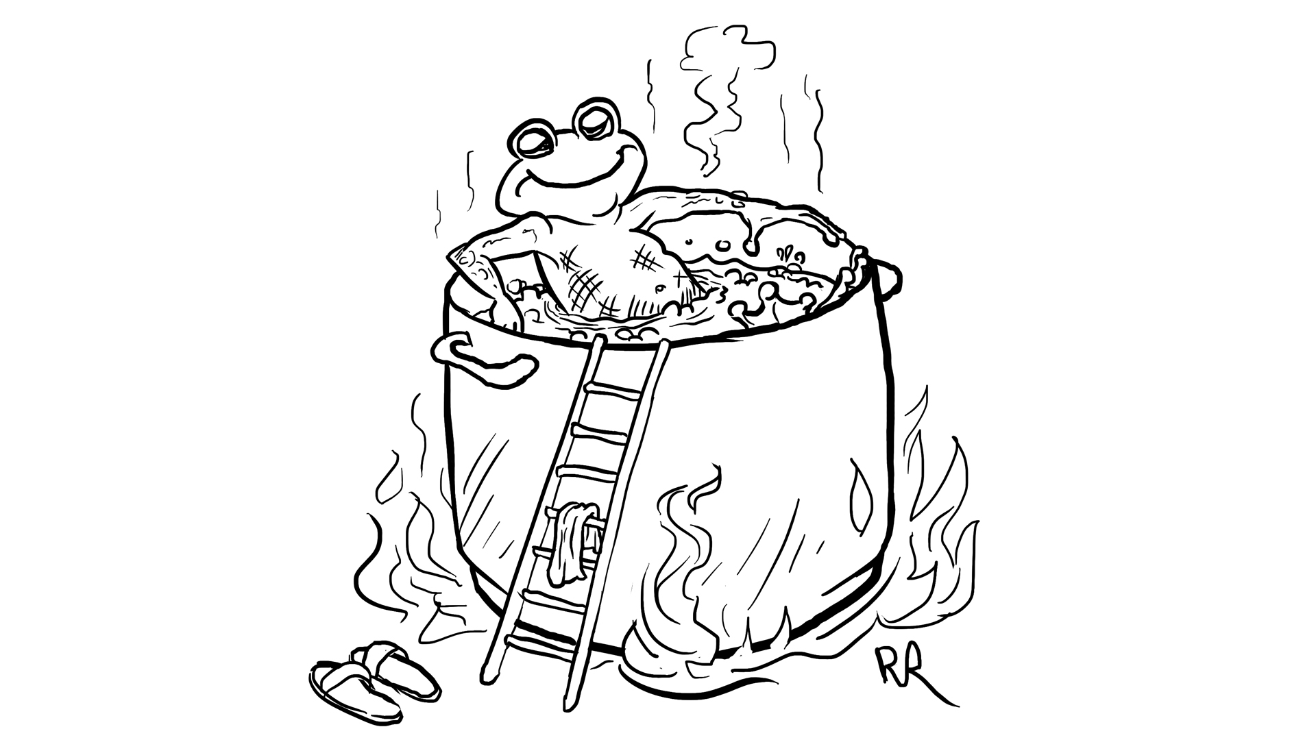 Illustratie voor voorlichtingsboekje 'Keer Om' van stichting Raise Up. Hoewel de boodschap helder is, blijkt deze metafoor wetenschappelijk achterhaald; een kikker heeft het namelijk wèl in de gaten als het water te heet wordt. Toch illustreert het mooi hoe mensen misleid worden zonder het door te hebben.