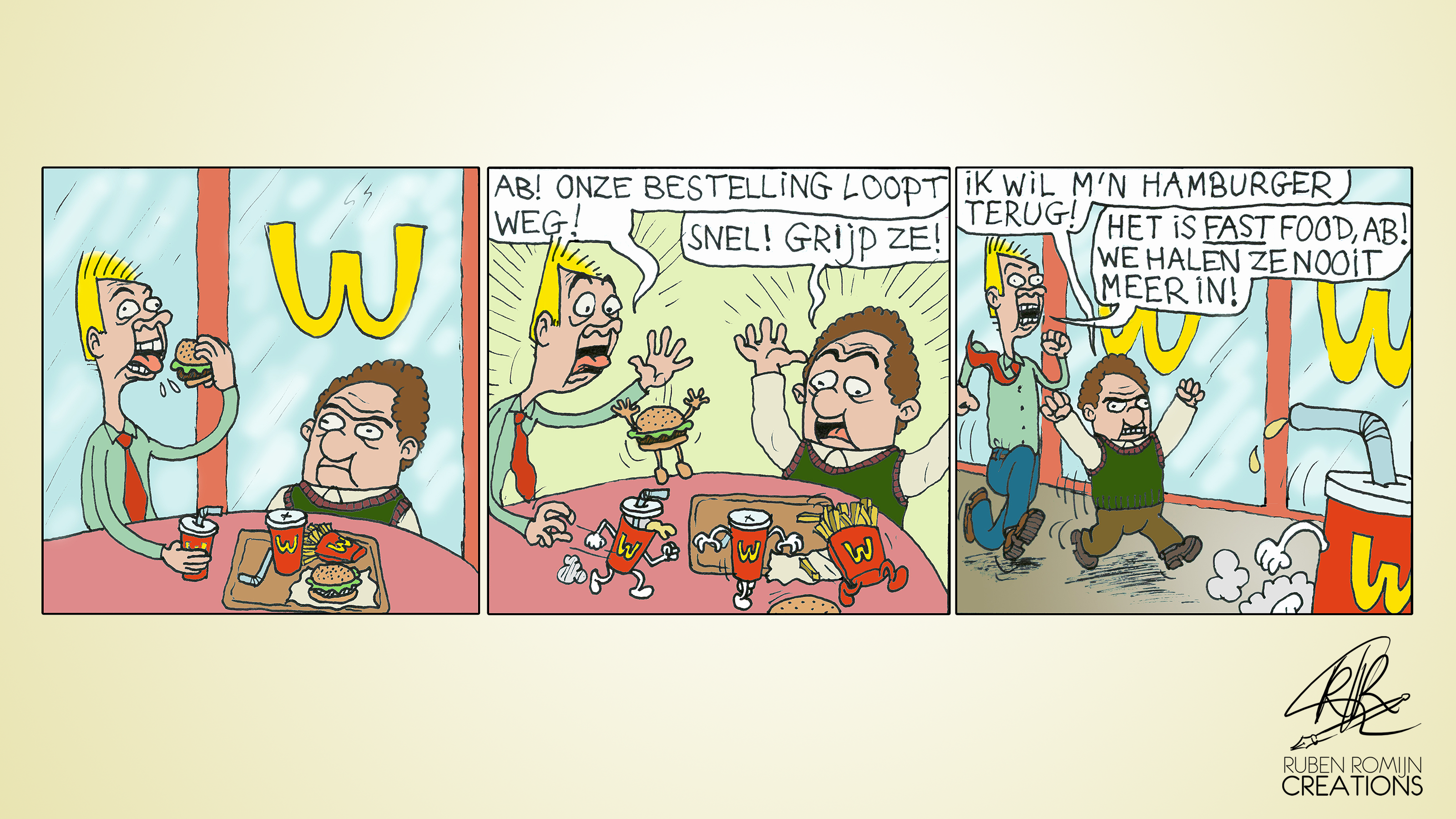 Als tiener verzon ik domme verhaaltjes á la Dirkjan, in de hoop ooit een stripbundel te verwezenlijken. Het geeft een indruk van mijn vroegste werk, met fineliner geïnkt, gescand en daarna digitaal ingekleurd. Inmiddels werk ik volledig digitaal.