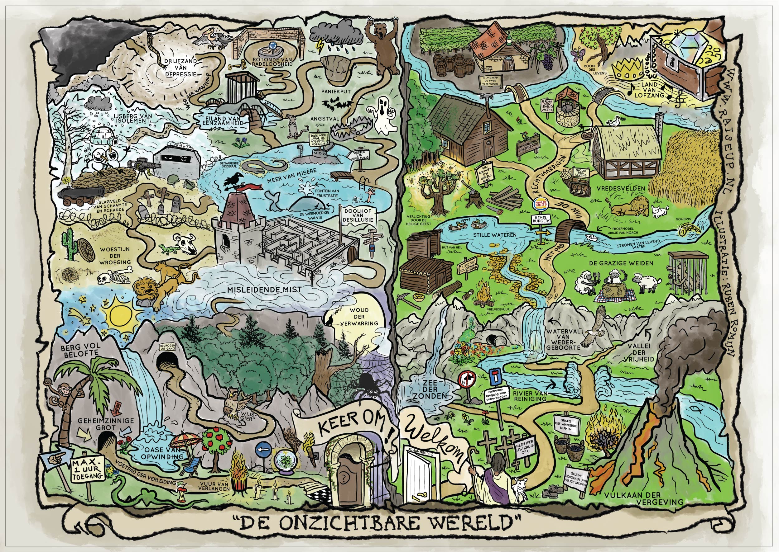 Bij het voorlichtingsboekje over occultisme ontstond bij stichting Raise Up het idee om een zoekposter te maken die twee verborgen werelden schetste: de duistere en de hemelse. Ik heb me uitgeleefd met woordgrappen, Bijbelse knipoogjes en kleuren.