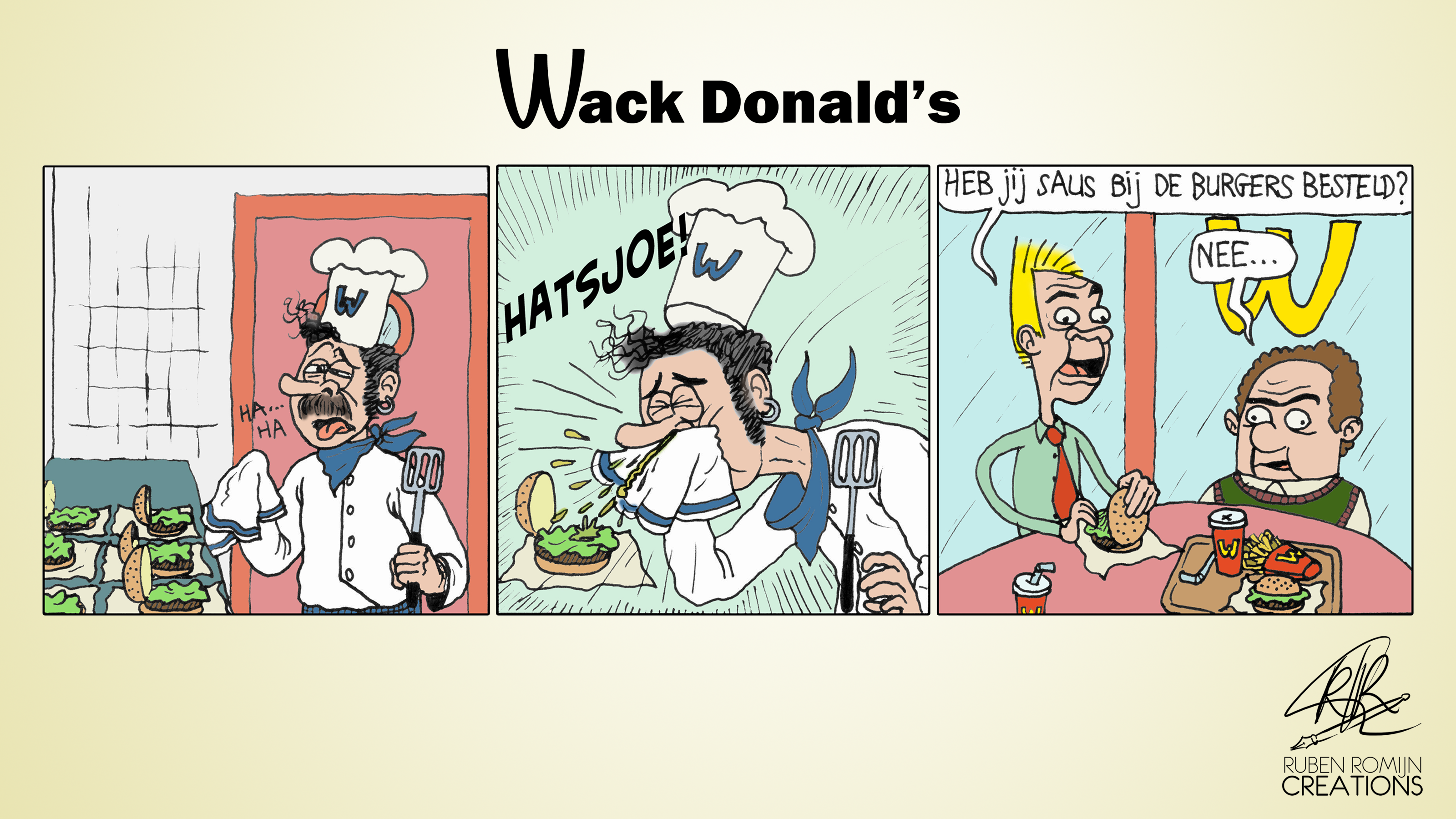 Als tiener verzon ik domme verhaaltjes á la Dirkjan, in de hoop ooit een stripbundel te verwezenlijken. Het geeft een indruk van mijn vroegste werk, met fineliner geïnkt, gescand en daarna digitaal ingekleurd. Inmiddels werk ik volledig digitaal.