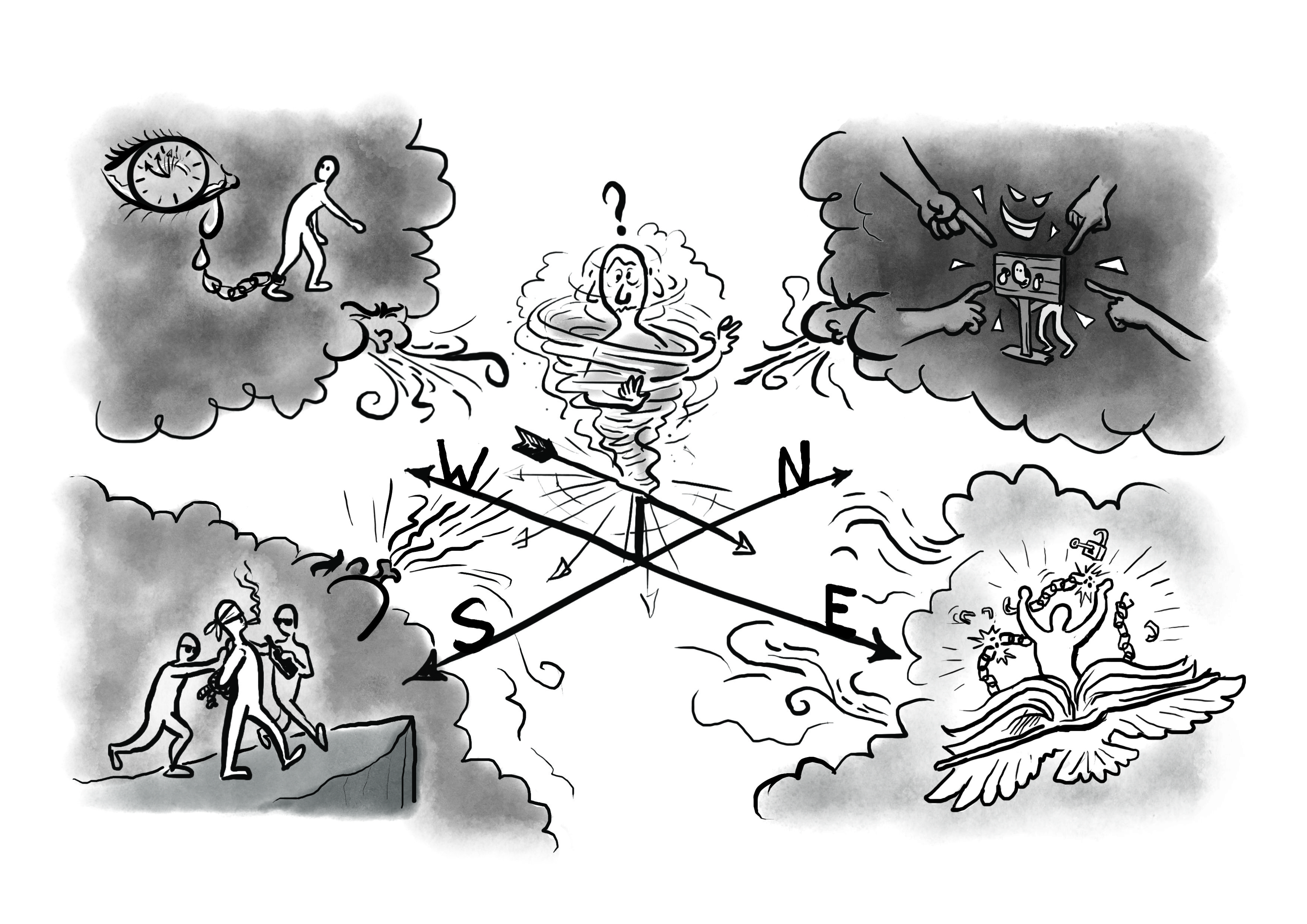 Een illustratie voor de spreekbeurten van Raise Up (Erik Smit en Wietske Noordzij) over de 4 invloeden op de ziel: de stem van het verleden, de stem van de aanklager, de stem van het heden (de wereld) en de stem van God.