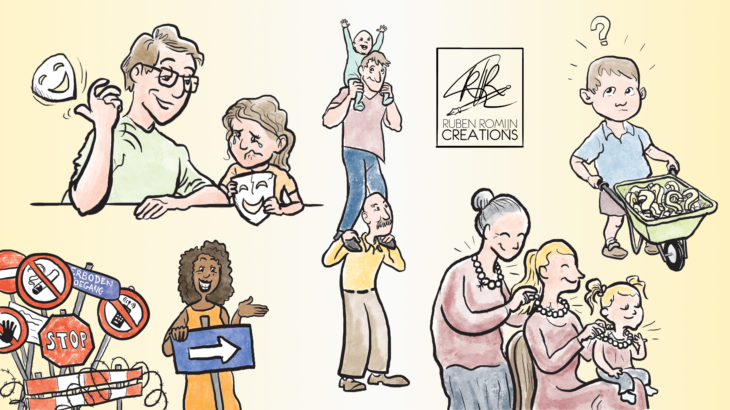 Verzameling van de verschillende illustraties voor het voorlichtingsboekje 'Geef Maar Door' van stichting Raise Up. Over opvoeding, generaties en het doorgeven van Gods Licht.